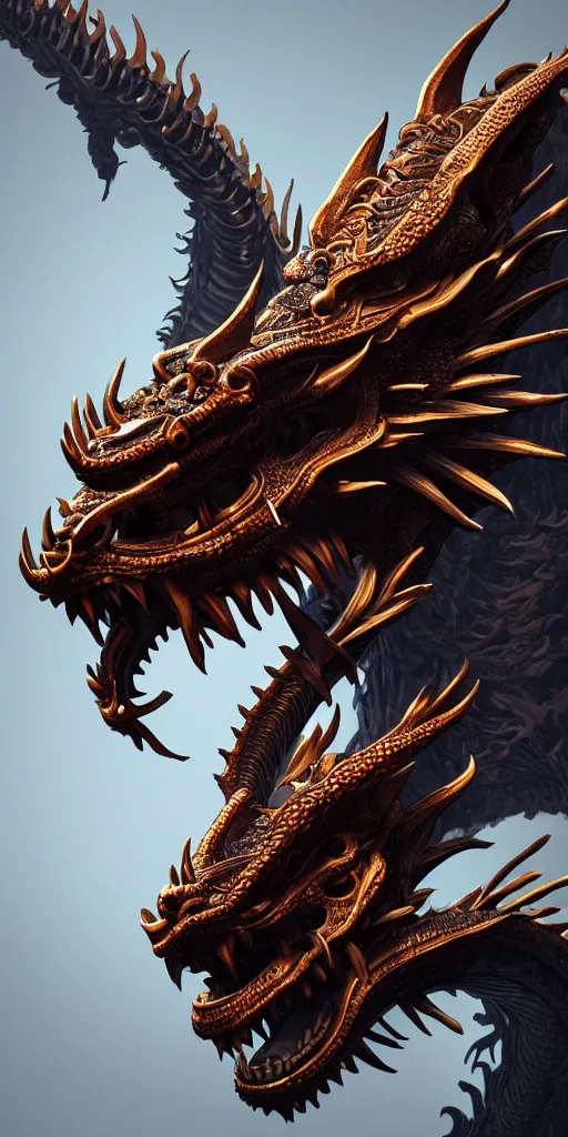 Image similar to a beautiful obverse portrait of a single huge chinese dragon, solid background, mechanical, metal, model design, fine texture structure, hyper detailed, perfect shadows, atmospheric lighting, 3 d render, the style of pascal blanche and sparth juan zigor samaniego, paul pepera pablo roldan, denoise, alone, 4 k hd