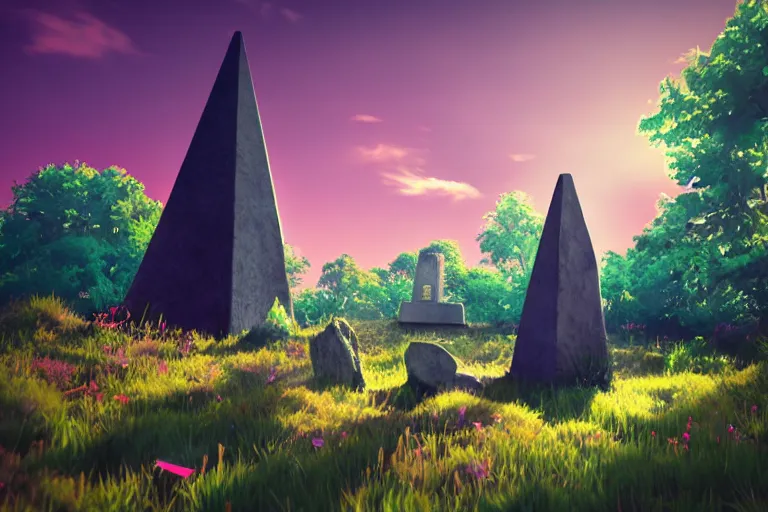 Image similar to super detailed color lowpoly art, overgrown mystical meadow with numerous trees, singular ancient stone obelisk with subtle glowing runes, unreal engine, retrowave color palette, 3 d render, lowpoly, colorful, digital art, perspective