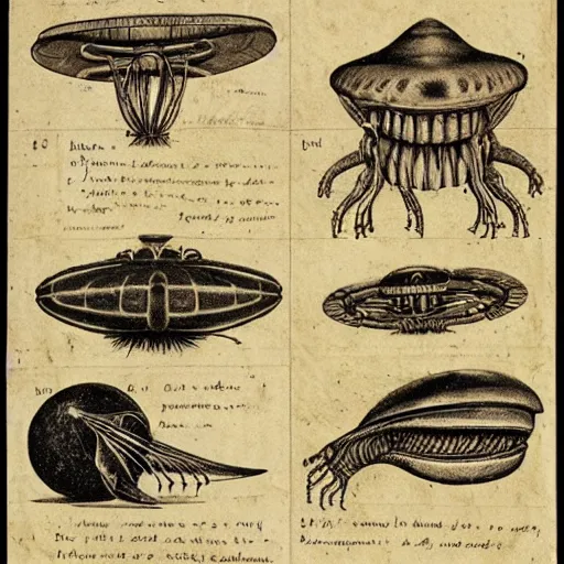 Prompt: an old journal page describing alien life forms with rich illustrations