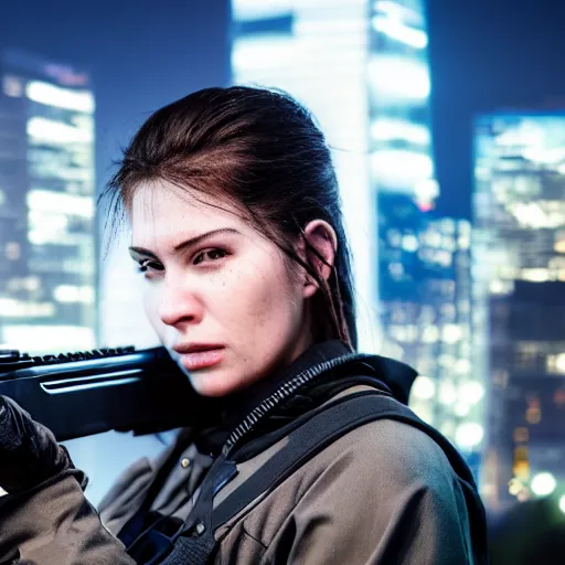 Image similar to photographic portrait of a techwear woman holding a shotgun, closeup, on the rooftop of a futuristic city at night, sigma 85mm f/1.4, 4k, depth of field, high resolution, 4k, 8k, hd, full color, Die Hard, movies with guns, movie firearms, face closeups