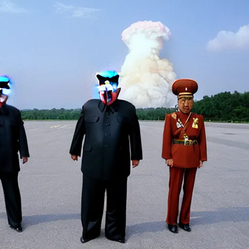 Prompt: nuclear explosion with kim jong un standing in the background