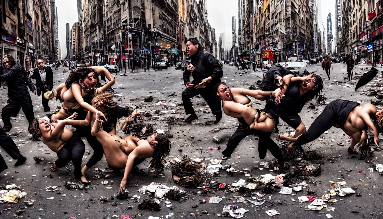 Prompt: in a dirty city street disheveled supermodels fight against laughing obese men in cheap suits, over piles half eaten rotting fast food, money thrown and floats in the air, hyper realistic photo, full colour, upscale, 8 k, masterpiece,