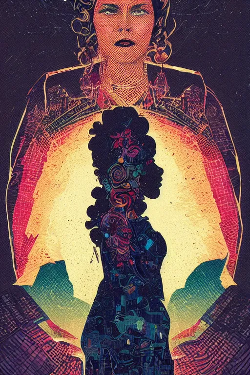 Prompt: black gold stylized mafia queen portrait, grunge art, dan mumford, victo ngai, alena aenami