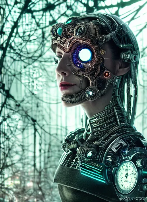 Image similar to 35mm portrait of intricate 7 of 9 borg with eye implant, on the background of a weird magical mechanical forest. Round gears visible inside her hear. Very detailed 8k. Fantasy cyberpunk horror. Sharp. Cinematic post-processing