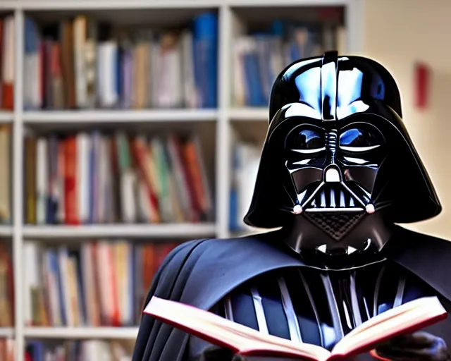 Image similar to a photograph of Darth Vader reading a book about moral philosophy