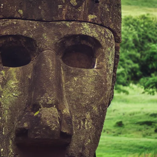 Image similar to a high detail photo of a moai wearing headphones