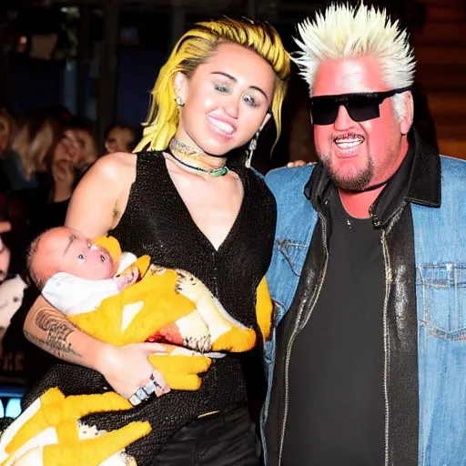 Prompt: miley cyrus and guy fieri holding their baby