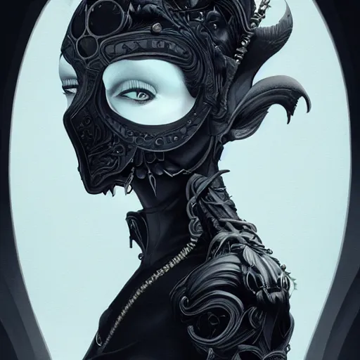 Image similar to vantablack occultist, pitchblack mask, beautiful, detailed symmetrical close - up portrait, intricate complexity, in the style of artgerm and peter mohrbacher, cel - shaded