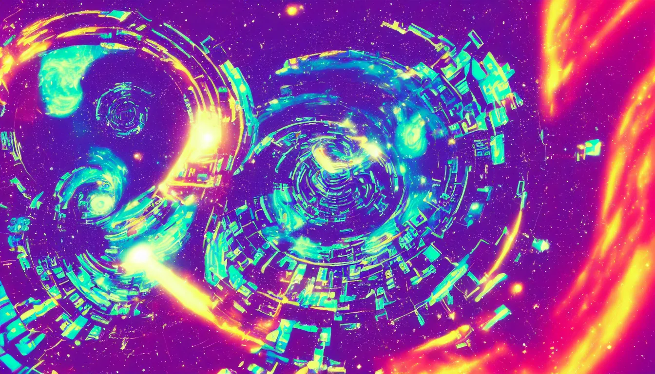 Image similar to space station orbiting a ringed planet, psychedelic, vaporwave