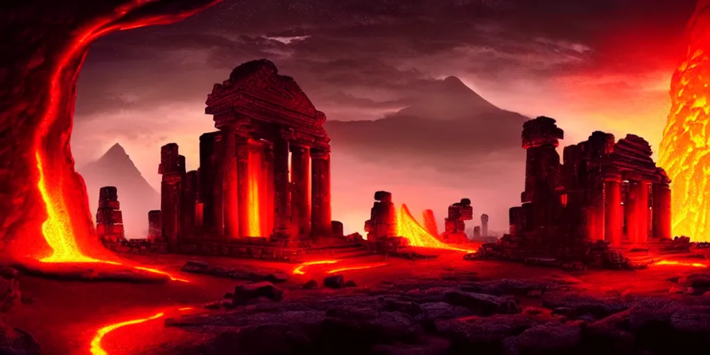 Image similar to ancient god temple at night ruins of ancient civilization, surrounded by glowing lava, volcanoes in the background, ultra high definition, ultra detailed, symmetry, sci - fi, dark fantasy, by greg rutkowski and ross tran
