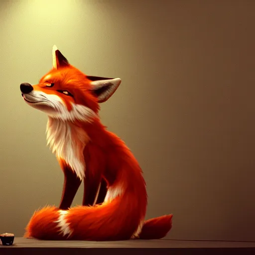 Image similar to an anthropomorphic fox wearing a t-shirt and leans, sitting on a couch, 8k resolution matte fantasy painting, cinematic lighting, DeviantArt, Artstation