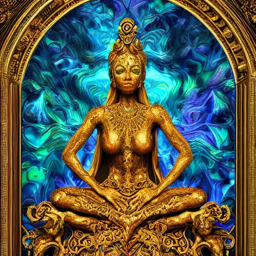 Prompt: psychadelic goddess made of golden marble, beautiful face, hyper detailed, flowing psychadelic background intricate and detailed, ornate 8 k gorgeous intricate detailed, octane render