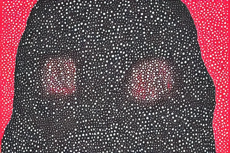 Prompt: face made out of worry, faceless people dark, dots, drip, stipple, pointillism, technical, abstract, minimal, style of francis bacon, asymmetry, pulled apart, cloak, hooded figure, made of dots, abstract, balaclava, colored dots