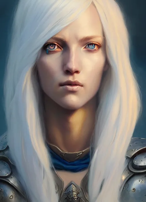 Image similar to a fantasy style portrait painting of shy white female paladin scarred left eye with blonde hair and blue eyes, holy oil painting unreal 5 daz. rpg portrait extremely detailed artgerm greg rutkowski _ greg