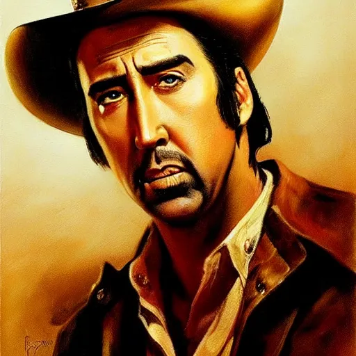 Image similar to ultra realistic portrait painting of nicholas cage as a western outlaw, art by frank frazetta, 4 k, ultra realistic, highly detailed, epic lighting