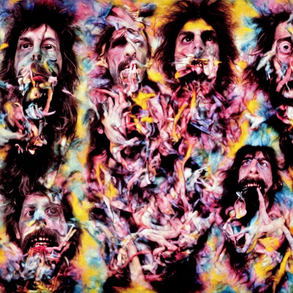 Image similar to award winning photo of pink floyd and frank zappa tripping on lsd and smoking weed, vivid colors, happy, symmetrical face, beautiful eyes, studio lighting, wide shot art by Sally Mann & Arnold Newman