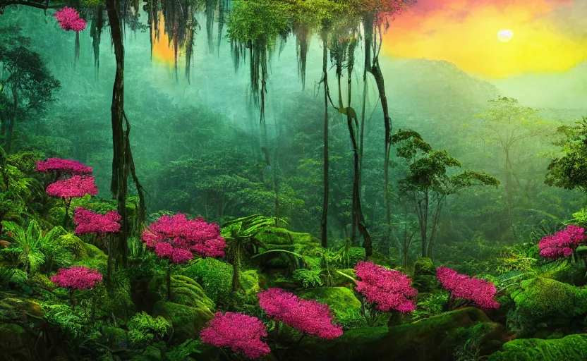 Prompt: a beautiful render of a dark prehistoric rainforest in a humongous cave lush flora patches of sky magenta flowers sunset floating mount