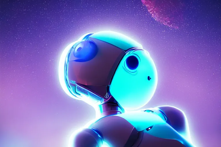 Image similar to a beautiful calm robot girl looking up to the stars, photograph, colorful background, render, 3 d, render, glows, neon, 8 k, 4 d,