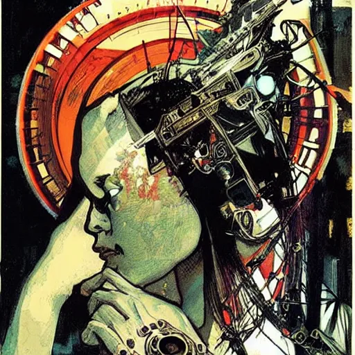 Image similar to cyberpunk dreaming by dave mckean and alphonse mucha and bill sienkiewicz