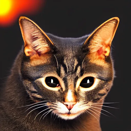 Image similar to a cat, glowing inferno eyes,black background, hyper realistic