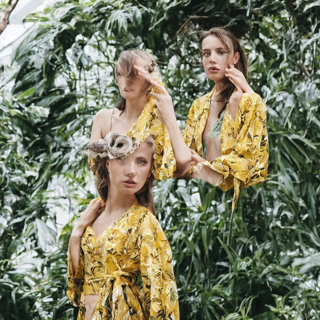 Image similar to head to shoulder portrait film photograph of an elegant top model wearing a yellow kimono with a very detailed barn owl on her shoulder!!! in a tropical greenhouse. looking at the camera!!. super resolution. 85 mm f1.8 lens.bokeh. graflex. by Alessio albi !