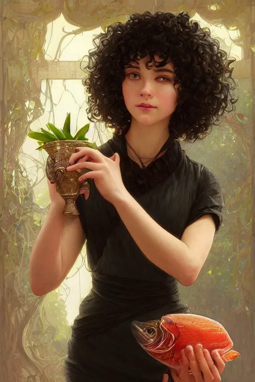 Image similar to beautiful cottagecore of a girl with short black curly hair, round face, cute face, holding a salmon-coloured vase. intricate, elegant. highly detailed, digital painting, artstation, concept art, smooth, sharp, focus, illustration. . art by artgerm and greg rutkowski and alphonse mucha