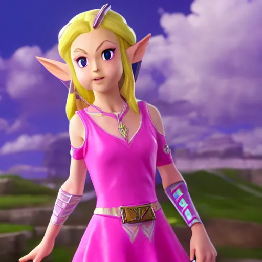 Image similar to Zelda from The Legend of Zelda in a pink dress, fully detailed, high quality , 4k , octane render , soft lightening , masterpiece