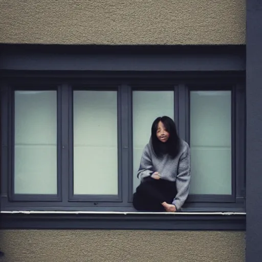 Prompt: a woman sitting on a window sill looking forward out the window, hands on cheeks, grey sweater, a stock photo by chen jiru, tumblr, aestheticism, movie still, pretty, pixiv