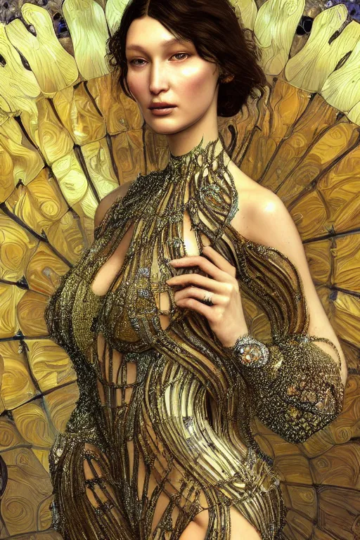 Image similar to a highly detailed portrait of a beautiful goddess bella hadid in iris van herpen dress in diamonds and fractals in style of alphonse mucha art nuvo gustav klimt trending on artstation made in unreal engine 4