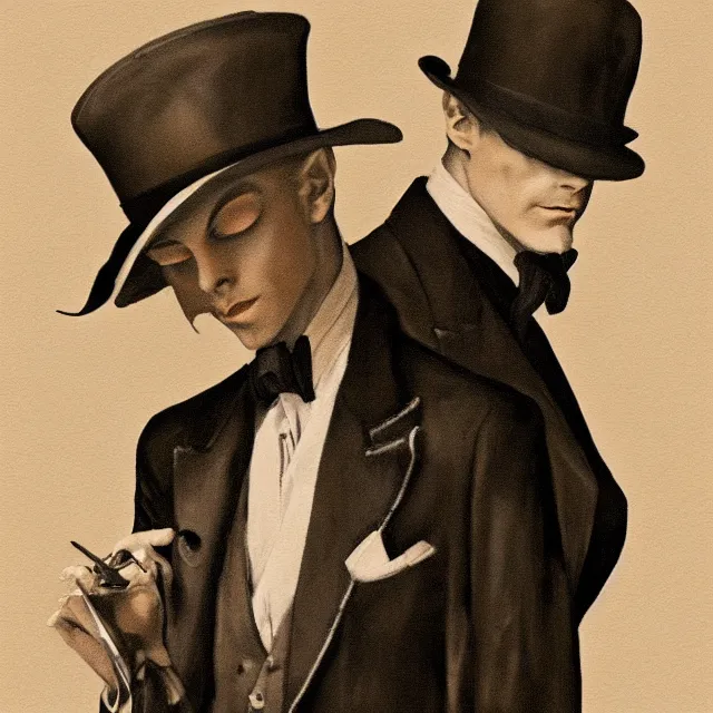 Prompt: photorealistic sepia portrait of a 1 9 2 0 s era male magician, well dressed, long - tailed tuxedo coat, in the style of dave dorman, atmospheric lighting, dark, brooding, painted, intricate, ultra detailed, well composed, best on artstation, cgsociety, epic, stunning, gorgeous, intricate detail, much wow, masterpiece