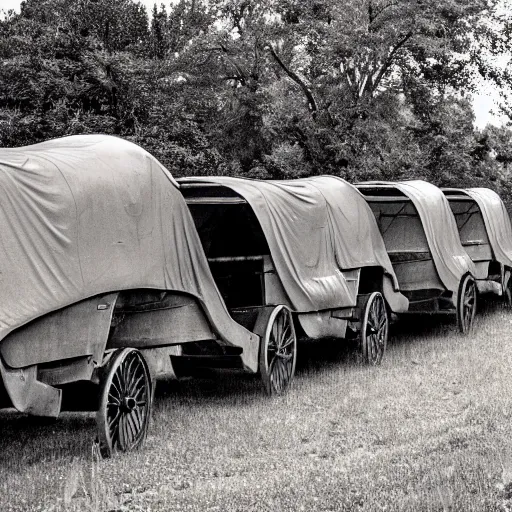 Image similar to a monochromatic sepia photograph of a delorean in a group of covered wagons,