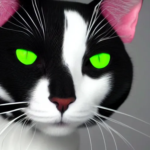 Prompt: a portrait of a beautiful black and white cat wearing a tuxedo with colorful bright green eyes, hd, 8k, hyper-realism, detailed, 3D render