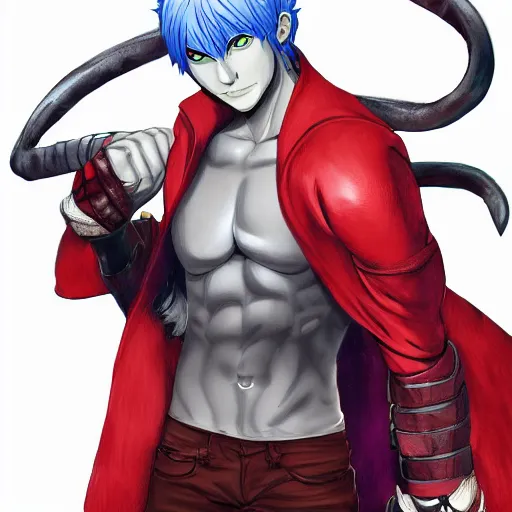 Prompt: demon hero ,Dante from devil may cry face,boxing gloves,worn pants ,ArtStation, studio trigger anime,studio trigger style,studio trigger art,CGSociety,full length