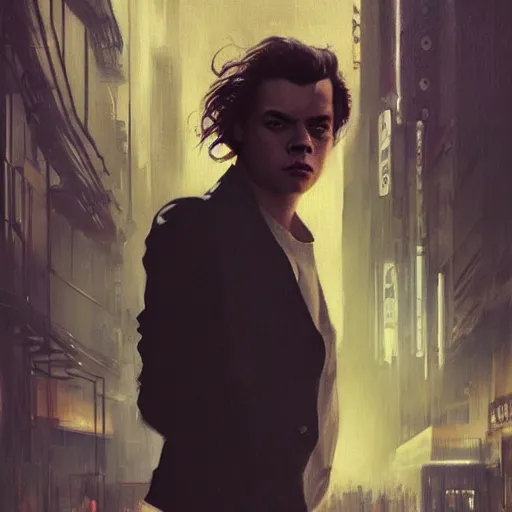 Image similar to harry styles, hyperrealistic portrait, bladerunner street, art of elysium by jeremy mann and alphonse mucha, fantasy art, photo realistic, dynamic lighting, artstation, poster, volumetric lighting, very detailed face, 4 k, award winning