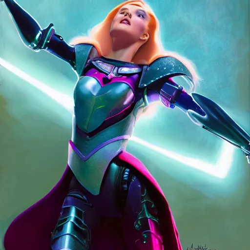 Prompt: high detailed close up of, energetic female cyborg Disney princess Aurora, wearing futuristic cybernetic battle armor, balance composition, dramatic lighting, 8k, painted by Alex Ross