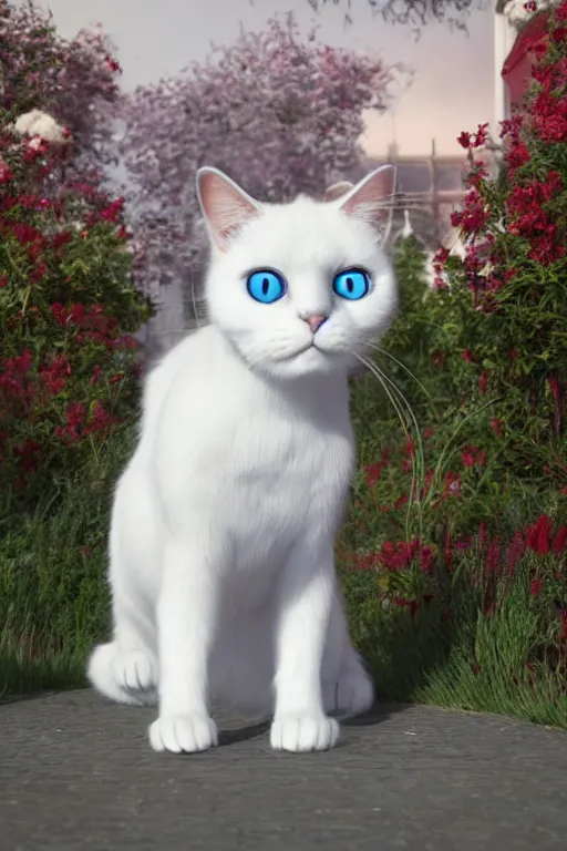 Image similar to a white cat with blue eyes wearing a red formal overcoat, hyperrealistic, concept art, octane render, unreal engine 5, realistic and defined face, profile picture, digital art, pixar and disney style, symmetrical, high quality, highly detailed, high coherence, path traced, house background, low contrast, beautiful, elegant clothes