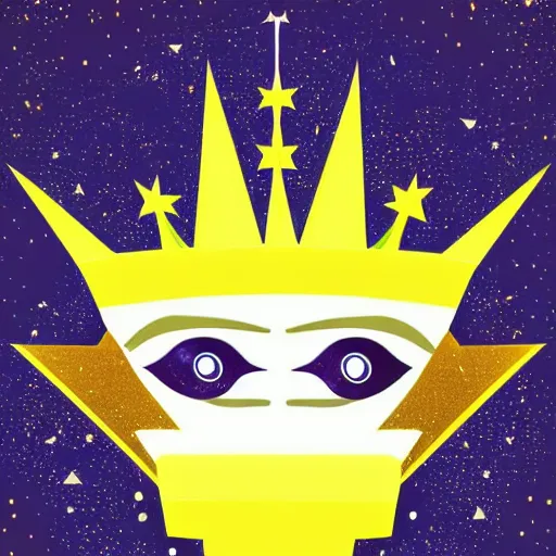 Image similar to a glowing crown sitting on a table with one large beautiful eye on top of it like a jewel, stars on top of the crown, night time, vast cosmos, geometric light rays exploding outwards into stars, sharp bold black lines, flat colors, minimal psychedelic 1 9 5 0 s poster illustration