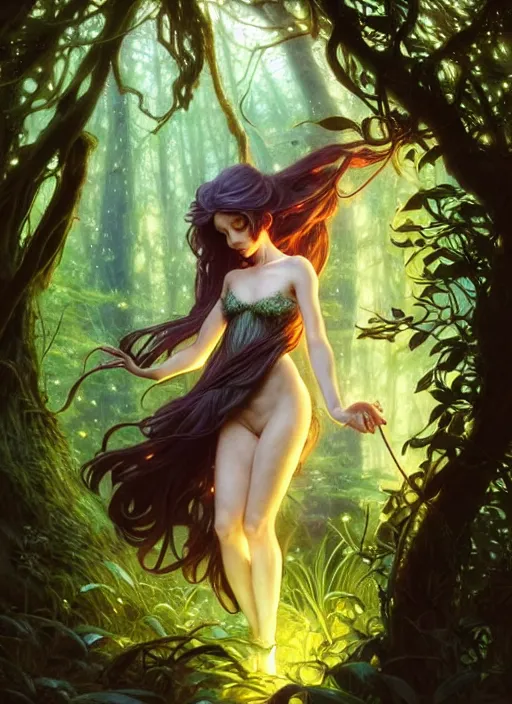 Prompt: full body picture of a fairy in the magical forest, looking at the camera curiously, glowing hair, dramatic pose, beautiful and aesthetic, intricate, highly detailed, detailed face, smooth, sharp focus, chiaroscuro, artgerm, greg rutkowski, ilya kuvshinov, rossdraws, alphonse mucha, fantasy light novel cover art