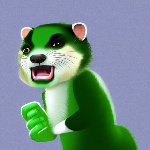 Image similar to A ferret as The Hulk, white background, Digital painting