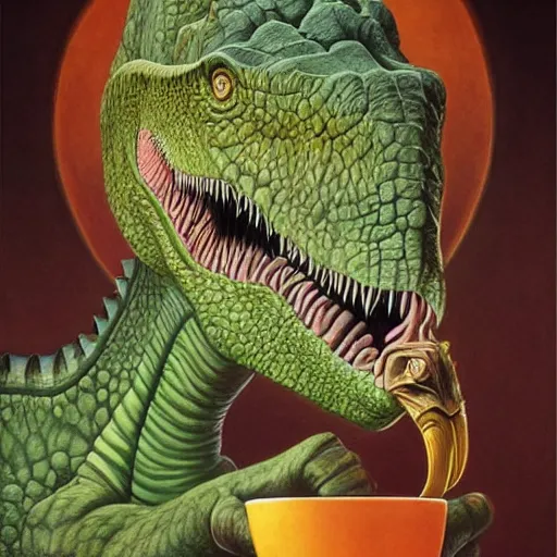 Image similar to A dinosaur drinking coffee, by alex grey, by Esao Andrews and Karol Bak and Zdzislaw Beksinski and Zdzisław Beksiński, trending on ArtStation