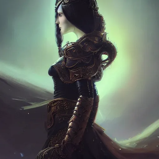 Image similar to portrait of a fantasy tall woman with black hair pale skin and a crown on her head, intricate baroque armour, glowing aura, trending on artstation, 4 k, greg rutkowski, concept art, matte painting,