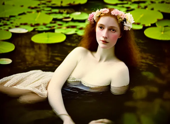 Prompt: Kodak Portra 400, 8K, soft light, volumetric lighting, highly detailed, britt marling style 3/4 ,portrait photo of a beautiful woman how pre-Raphaelites painter, the face emerges from the water of a pond with water lilies, inspired by Julie Dillon and John Everett Millais, a beautiful lace dress and hair are intricate with highly detailed realistic beautiful flowers , Realistic, Refined, Highly Detailed, natural outdoor soft pastel lighting colors scheme, outdoor fine art photography, Hyper realistic, photo realistic