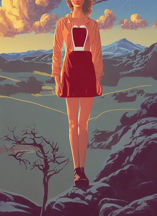 Image similar to Twin Peaks poster artwork by Michael Whelan, Bob Larkin and Tomer Hanuka, Karol Bak of portrait of Zendaya is a high school student working at the diner wearing waitress dress, from scene from Twin Peaks, simple illustration, domestic, nostalgic, from scene from Twin Peaks, clean