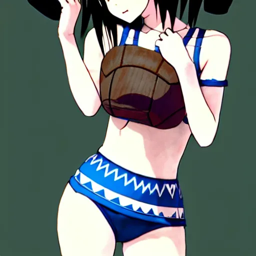 Image similar to beautiful boyish jun amaki gravure model in majora's mask, wearing wooden mask and baseball cap and leotard, street wear with subtle mayan patterns, aztec bathing suit, gapmoe yandere grimdark, trending on pixiv fanbox, painted by greg rutkowski makoto shinkai takashi takeuchi studio ghibli, akihiko yoshida