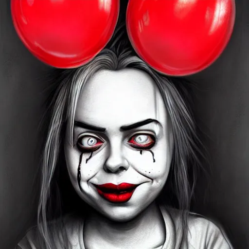 Prompt: surrealism grunge cartoon portrait sketch of billie eilish with a wide smile and a red balloon by - michael karcz, loony toons style, pennywise style, chucky style, horror theme, detailed, elegant, intricate