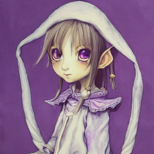 Image similar to little elf tomboy, tunic, soft hair. light color palate, purple, yellow and white. detailed soft painting, ayami kojima, made in abyss, anatomically correct, inspired in balthus, high detailed face anime