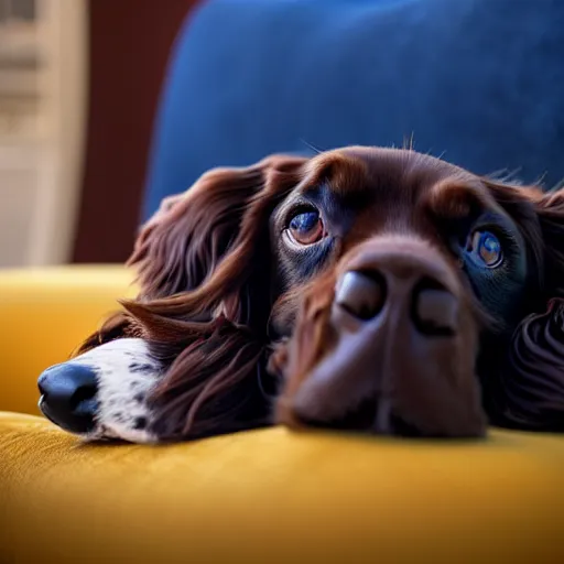 Prompt: a cute spaniel spread out on a plush blue sofa. Award winning photograph, soft focus, depth of field, rule of thirds, national geographic, golden hour, style of Vogelsang, Elke, symmetric