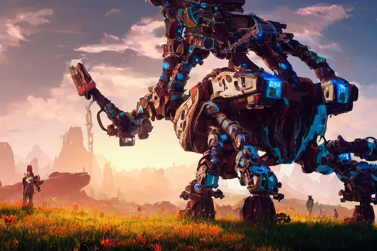 Image similar to grazer machine mecanical creature robot of horizon forbidden west horizon zero dawn radiating a glowing aura global illumination ray tracing hdr fanart arstation by ian pesty and alena aenami artworks in 4 k