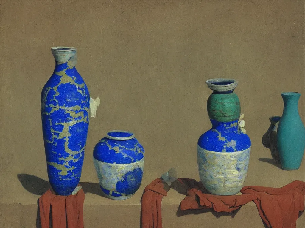 Image similar to greek painted ceramic, pottery, amphora, vase, negative - positive, floating in the night sky. lapis - lazuli, turquoise, malachite, cinnabar, earth brown. painting by georged de la tour, balthus, agnes pelton