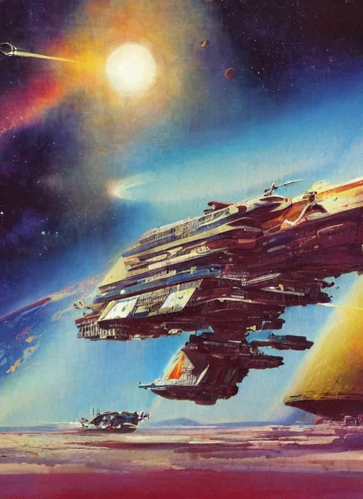 Prompt: spacious bg. minimalistic piece. simplified environment. lonely cosmos. single ship as main subject. masterpiece book cover illustration by the great famous sci - fi artist john berkey.